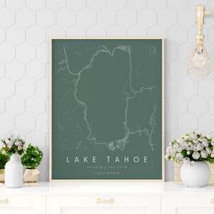 Lake Tahoe California, Digitale Kunst Karte, Digitaldruck Poster, Grün und Weiß Stadt Karte, Unikat, Geschenk Karte, zeitgenössische Karte, moderne Karte