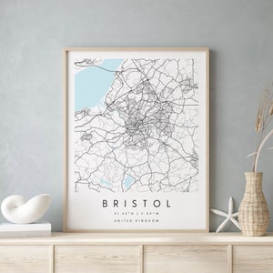 Bristol United Kingdom, Digital Art Map, Digitaldruck Poster, Blau-Weiß Stadtplan, Unikat, Geschenkkarte, Zeitgenössische Karte, Moderne Karte