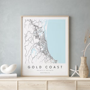 Gold Coast Australia, Carte d’art numérique, Affiche imprimée numérique, Carte de la ville bleue et blanche, Unique, Carte cadeau, Carte contemporaine, Carte moderne