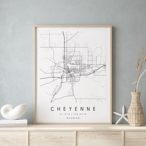 Cheyenne Wyoming, Carte d’art numérique, Affiche imprimée numérique, Carte de la ville bleue et blanche, Unique, Carte cadeau, Carte contemporaine, Carte moderne