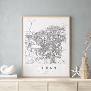 Tehran Iran, Digitale Kunst Karte, Digitaldruck Poster, Blau weiß Stadt karte, Unikat, Geschenk karte, zeitgenössische Karte, Moderne Karte