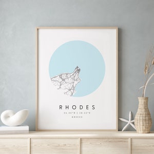 Rhodos Griechenland, Digitale Kunst Karte, Digitaldruck Poster, Blau und Weiß Stadt karte, Unikat, Geschenk karte, zeitgenössische Karte, Moderne Karte 2
