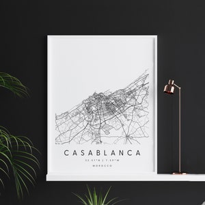 Casablanca Maroc, Carte d’art numérique, Affiche imprimée numérique, Carte de la ville en noir et blanc, Unique, Carte cadeau, Carte contemporaine, Carte moderne