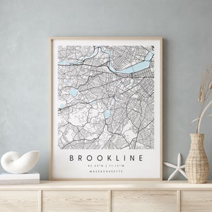 Brookline Massachusetts, Digital Art Map, Digitaldruck Poster, Blau-Weiß Stadt karte, Unikat, Geschenkkarte, Zeitgenössische Karte, Moderne Karte