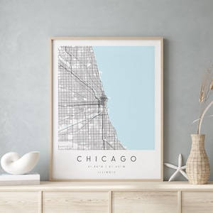 Chicago Illinois, Digital Art Map, Digitaldruck Poster, Blau-Weiß Stadt karte, Unikat, Geschenkkarte, Zeitgenössische Karte, Moderne Karte