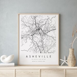 Asheville North Carolina, Digitale Kunst Karte, Digitaldruck Poster, Schwarz-Weiß Stadt karte, Unikat, Geschenk karte, zeitgenössische Karte, Moderne Karte