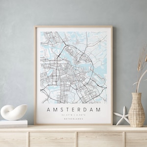 Amsterdam Pays-Bas, Carte d’art numérique, Affiche imprimée numérique, Carte de la ville bleue et blanche, Unique, Carte cadeau, Carte contemporaine, Carte moderne