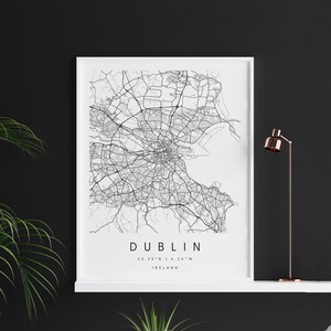 Dublin Irlande, Carte d’art numérique, Affiche imprimée numérique, Carte de la ville en noir et blanc, Unique, Carte cadeau, Carte contemporaine, Carte moderne