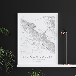 Silicon Valley Californië, Digitale Kunst Kaart, Digital Print Poster, Zwart-wit Stadsplattegrond, Uniek, Gift Map, Hedendaagse Kaart, Moderne Kaart