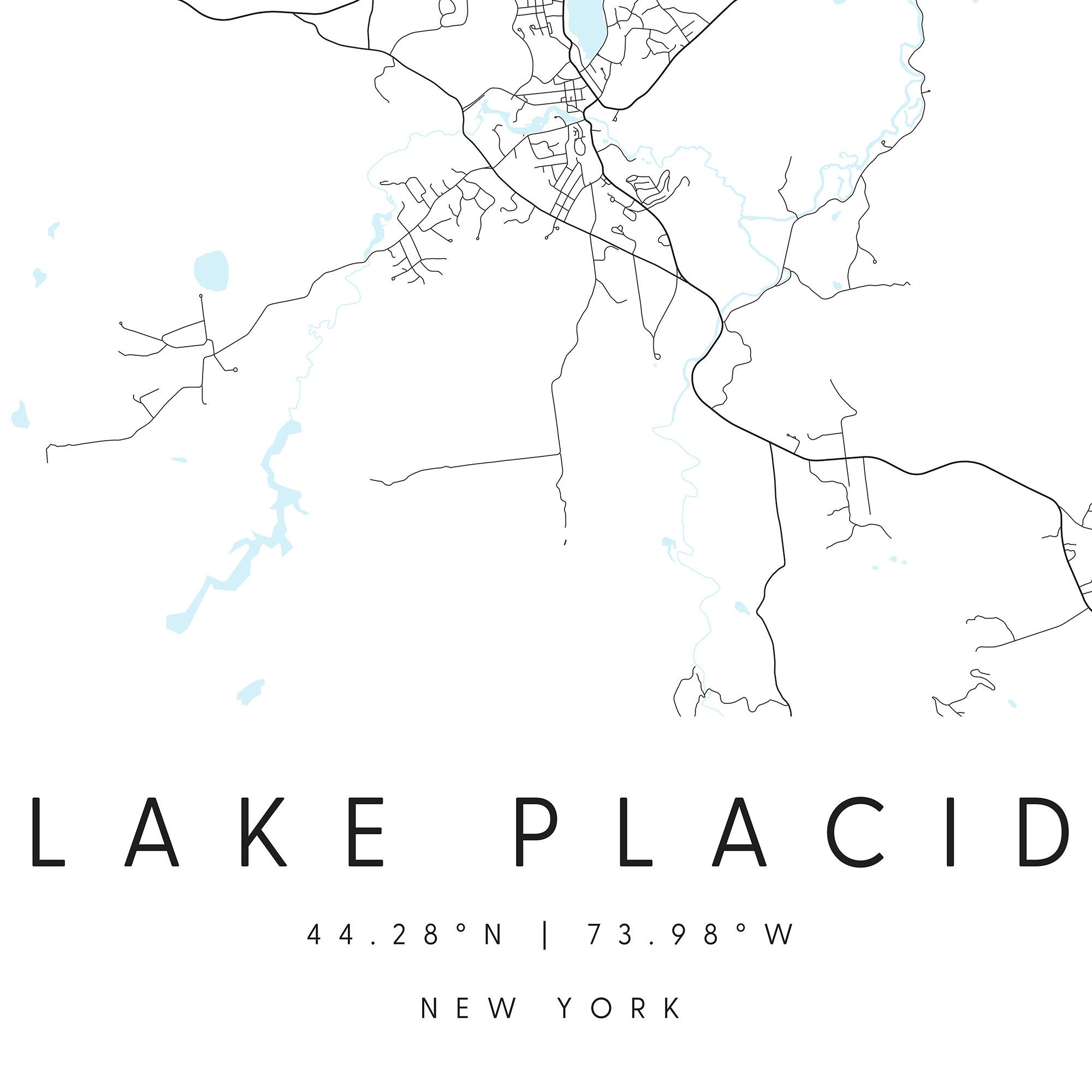 Lake Placid New York, Digital Art Map, Digital Print Poster, Blue and