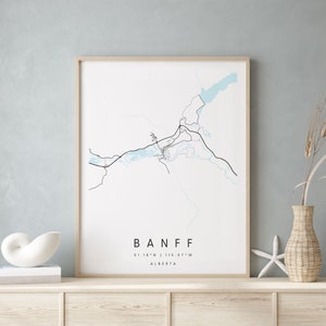 Banff Alberta, Digitale Kunst Karte, Digitaldruck Poster, Blau weiß Stadt karte, Unikat, Geschenk karte, zeitgenössische Karte, Moderne Karte