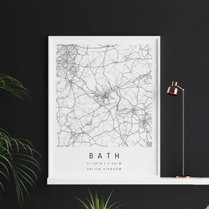 Bath United Kingdom, Digital Art Map, Digitaldruck Poster, Schwarz-Weiß Stadtplan, Unikat, Geschenkkarte, Zeitgenössische Karte, Moderne Karte
