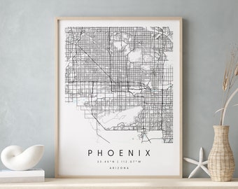 Phoenix Arizona, Printable City Map, Blue & White Wall Art, Modern Map Print, Travel Gift, Home Decor, Minimalist Poster