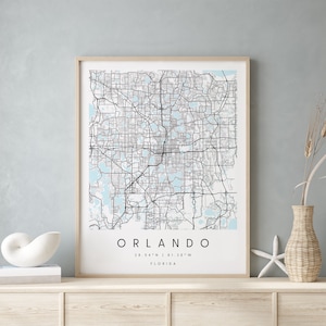 Orlando, Floride, plan de la ville imprimable, art mural bleu et blanc, impression de carte moderne, cadeau de voyage, décoration d&#39;intérieur, affiche minimaliste