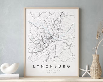 Lynchburg Virginia, Digital Art Map, Digital Print Poster, Blue and White City Map, Unique, Gift Map, Contemporary Map, Modern Map