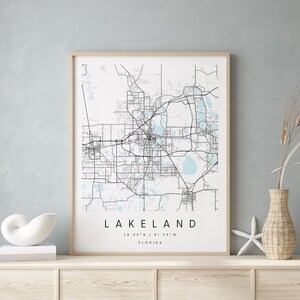 Lakeland Florida, Digital Art Map, Digital Print Poster, Blue and White City Map, Unique, Gift, Contemporary Map, Modern Map