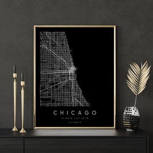 Chicago Illinois, mapa de arte digital, pôster de impressão digital, mapa da cidade em preto e branco, exclusivo, mapa para presentes, mapa contemporâneo, mapa moderno 2