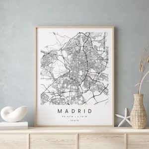 Madrid Spanien, Digitale Kunst Karte, Digitaldruck Poster, Blau und Weiß Stadt karte, Unikat, Geschenk karte, zeitgenössische Karte, Moderne Karte