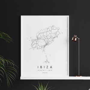 Ibiza Spanien, Digitale Kunst Karte, Digitaldruck Poster, Schwarz-Weiß Stadt karte, Unikat, Geschenk karte, zeitgenössische Karte, Moderne Karte