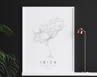 Ibiza Spain, Digital Art Map, Digital Print Poster, Black and White City Map, Unique, Gift Map, Contemporary Map, Modern Map