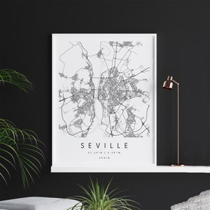 Sevilla Spanien, Digitale Kunst Karte, Digitaldruck Poster, Schwarz-Weiß Stadtplan, Unikat, Geschenkkarte, Zeitgenössische Karte