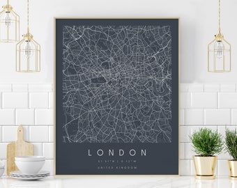 London United Kingdom, Digital Art Map, Digital Print Poster, Neutral Navy and White City Map, Unique, Gift, Contemporary Map, Modern Map