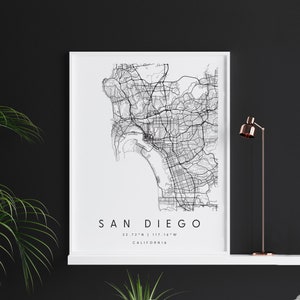 San Diego Kalifornien, Digitale Kunst Karte, Digitaldruck Poster, Schwarz-Weiß-Stadtplan, Unikat, Geschenkkarte, zeitgenössische Karte, moderne Karte