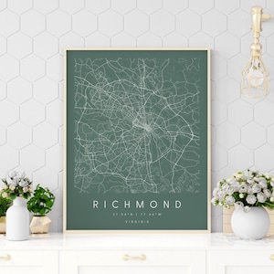 Richmond Virginia, mapa de arte digital, pôster de impressão digital, mapa da cidade verde e branco, exclusivo, mapa de presentes, mapa contemporâneo, mapa moderno