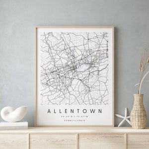 Allentown Pennsylvania, Digital Art Map, Digital Print Poster, Blue and White City Map, Unique, Gift Map, Contemporary Map, Modern Map