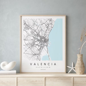 Valencia Spanien, Digitale Kunst Karte, Digitaldruck Poster, Blau und Weiß Stadt karte, Unikat, Geschenk karte, zeitgenössische Karte, Moderne Karte