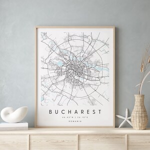 Bucharest Romania, Digital Art Map, Digital Print Poster, Blue and White City Map, Unique, Gift Map, Contemporary Map, Modern Map