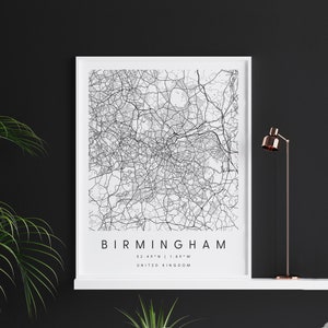 Birmingham United Kingdom, Digital Art Map, Digitaldruck Poster, Schwarz-Weiß Stadt karte, Unikat, Geschenkkarte, Zeitgenössische Karte, Moderne Karte