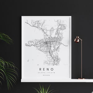 Reno Nevada, Digitale Kunst Karte, Digitaldruck Poster, Schwarz-Weiß Stadt karte, Unikat, Geschenk karte, zeitgenössische Karte, Moderne Karte
