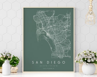 San Diego California, Digital Art Map, Digital Print Poster, Green and White City Map, Unique, Gift Map, Contemporary Map, Modern Map