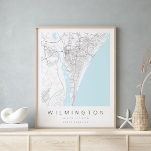 Wilmington Carolina del Norte, Mapa de arte digital, Póster impreso digital, Mapa de la ciudad azul y blanco, Único, Mapa de regalo, Mapa contemporáneo, Mapa moderno