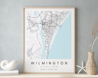 Wilmington North Carolina, Digital Art Map, Digital Print Poster, Blue and White City Map, Unique, Gift Map, Contemporary Map, Modern Map