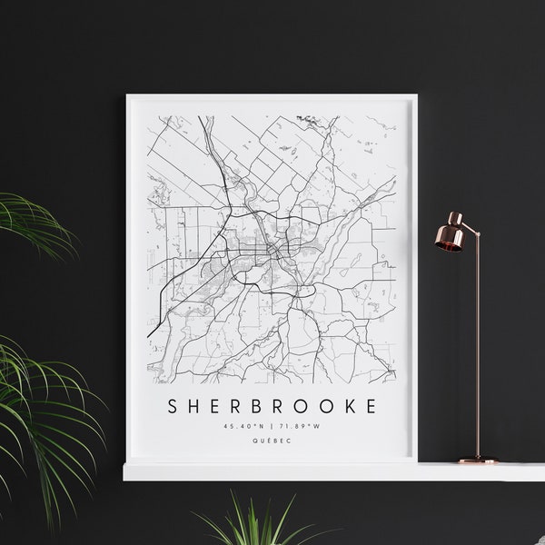Sherbrooke Quebec, Digital Print Poster, Black and White City Map, Unique, Gift Map, Contemporary Map, Modern Map