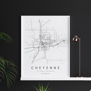 Cheyenne Wyoming, Carte d’art numérique, Affiche imprimée numérique, Carte de la ville en noir et blanc, Unique, Carte cadeau, Carte contemporaine, Carte moderne