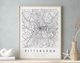 Pittsburgh Pennsylvania, Digital Art Map, Digital Print Poster, Blue and White City Map, Unique, Gift Map, Contemporary Map, Modern Map