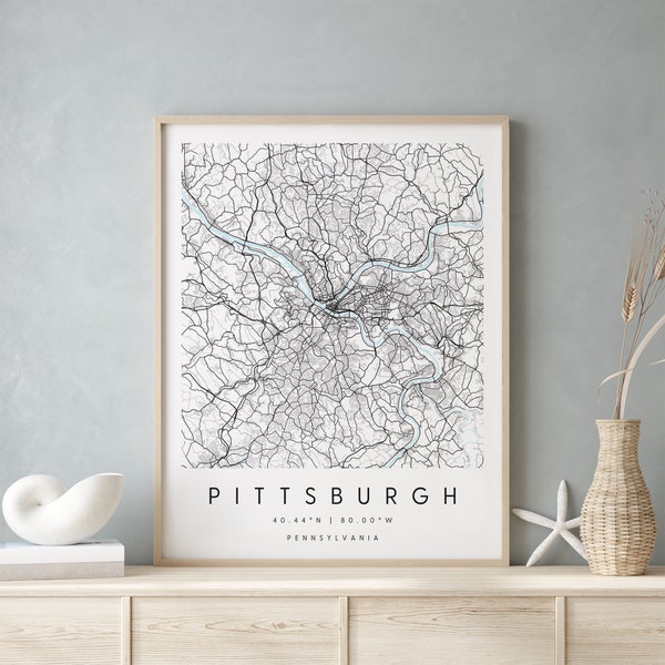 Pittsburgh Pennsylvania, Digital Art Map, Digital Print Poster, Blue and White City Map, Unique, Gift Map, Contemporary Map, Modern Map