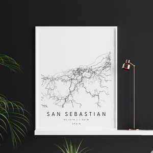 San Sebastian Spanien, Digitale Kunst Karte, Digitaldruck Poster, Schwarz-Weiß Stadt karte, Unikat, Geschenk karte, zeitgenössische Karte, Moderne Karte