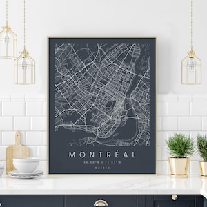 Montréal Québec, Carte d’art numérique, Affiche numérique, Carte neutre de la marine et de la ville blanche, Unique, Carte cadeau, Carte contemporaine, Carte moderne