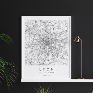 Lyon Francia, Mapa de arte digital, Cartel impreso digital, Mapa de la ciudad en blanco y negro, Único, Mapa de regalo, Mapa contemporáneo, Mapa moderno