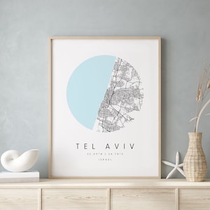 Tel Aviv Israël, Carte d’art numérique, Affiche imprimée numérique, Carte de la ville bleue et blanche, Unique, Carte cadeau, Carte contemporaine, Carte moderne 1