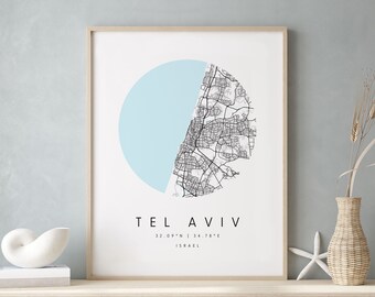 Tel Aviv Israël, Carte d’art numérique, Affiche imprimée numérique, Carte de la ville bleue et blanche, Unique, Carte cadeau, Carte contemporaine, Carte moderne 1