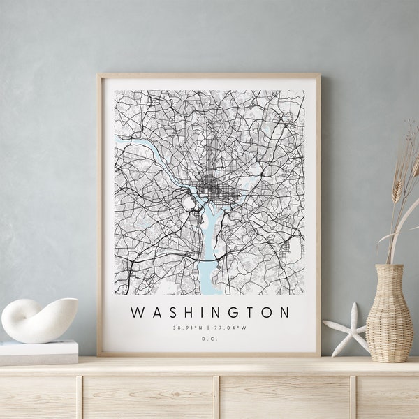 Washington DC, Digital Art Map, Digital Print Poster, Blue and White City Map, Unique, Gift Map, Contemporary Map, Modern Map