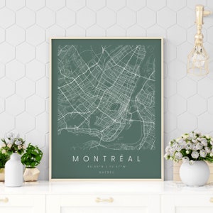 Montréal Québec, Carte d’art numérique, Affiche numérique, Carte de la ville verte et blanche, Unique, Carte cadeau, Carte contemporaine, Carte moderne