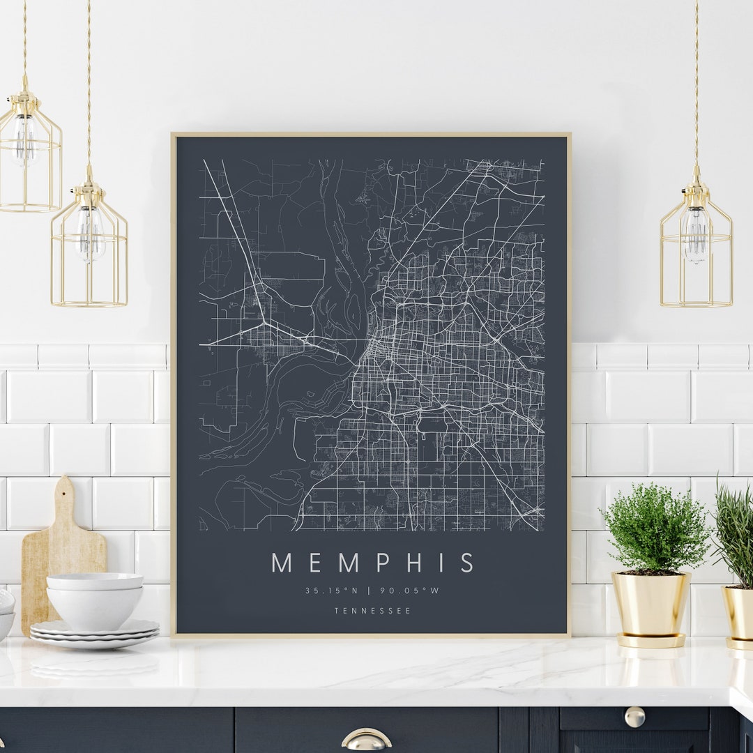 Memphis Tennessee, Digital Art Map, Digital Print Poster, Neutral Navy ...
