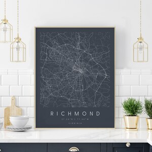Richmond Virginia, Digitale Kunst Karte, Digitaldruck Poster, Neutrale Marine und Weiße Stadt Karte, Unikat, Geschenk Karte, zeitgenössische Karte, moderne Karte
