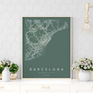 Barcelona Spanien, Digitale Kunst Karte, Digitaldruck Poster, Grün und Weiß Stadtplan, Unikat, GeschenkKarte, zeitgenössische Karte, moderne Karte